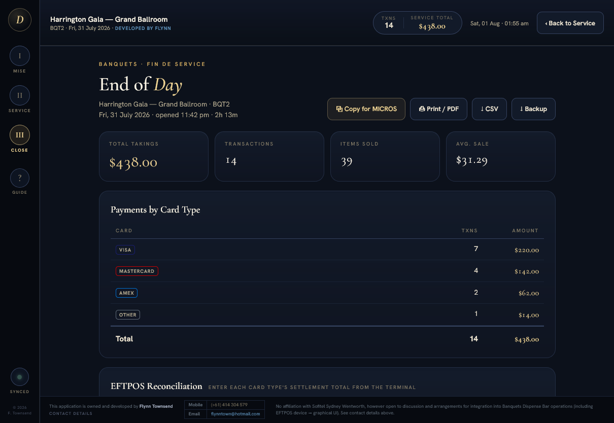 End of Day screen showing takings, transaction count and payments broken down by card type