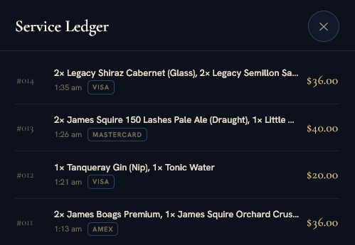 Service Ledger listing each sale with its items, time, card type and amount